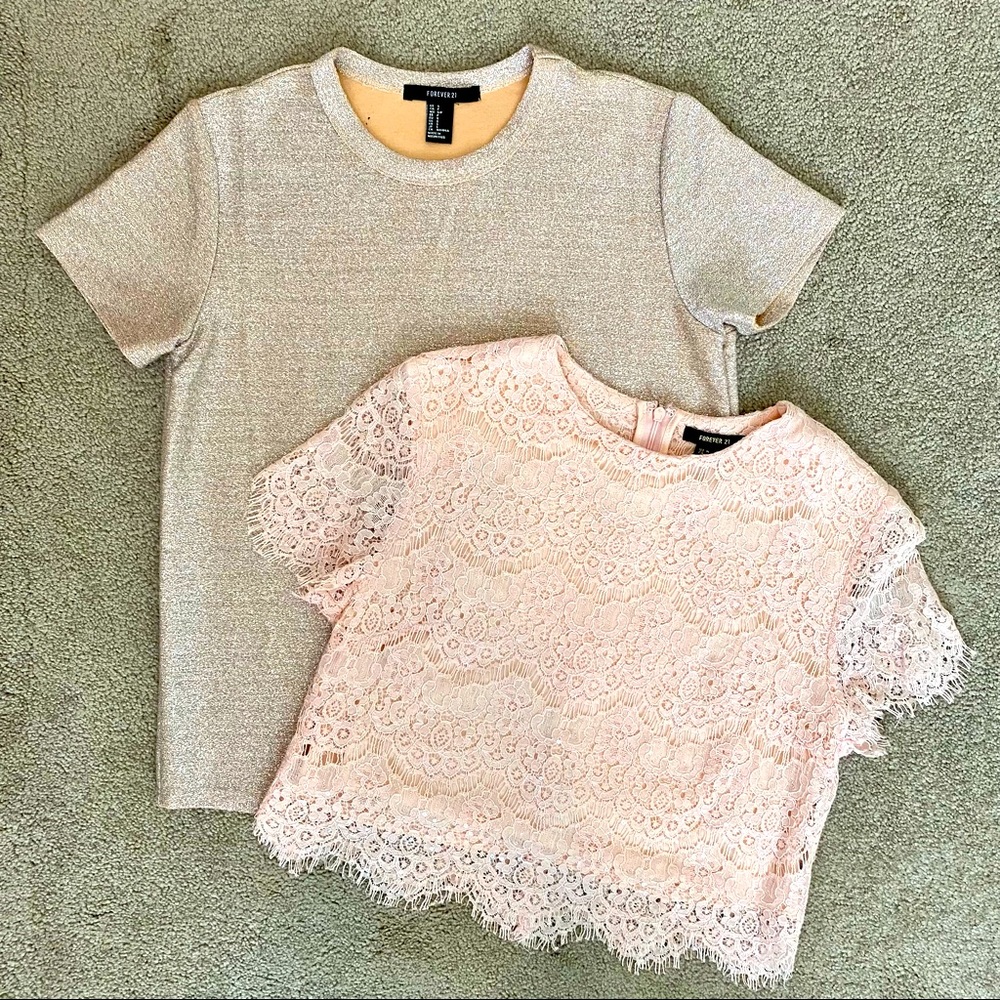 FOREVER 21 - Lace Crop Top & Glittery T-shirt in Pink
